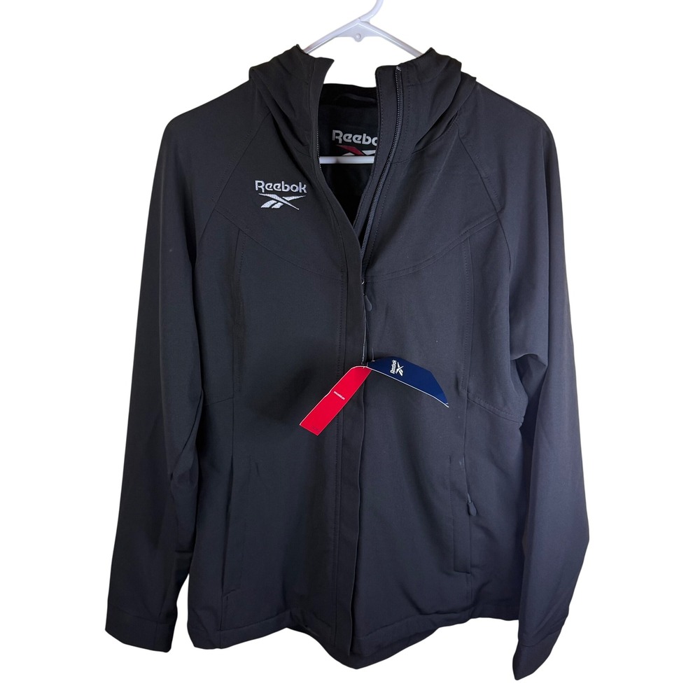 Reebok Softshell Fleece Lined Black Hooded‎ Full Zip Athletic Jacket Size Medium